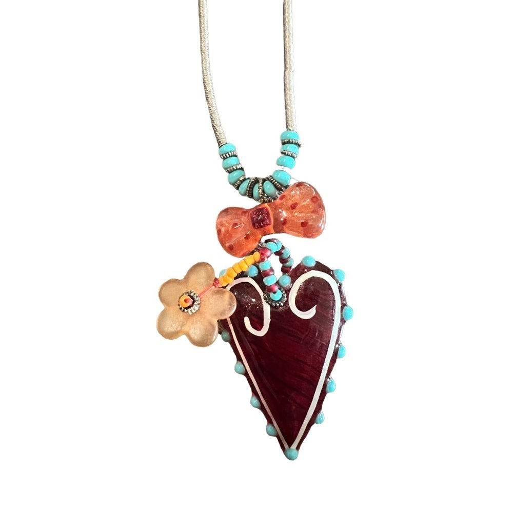 Artisan Glass Heart Pendant Boho Beaded Turquoise Floral‎ Statement Jewelry